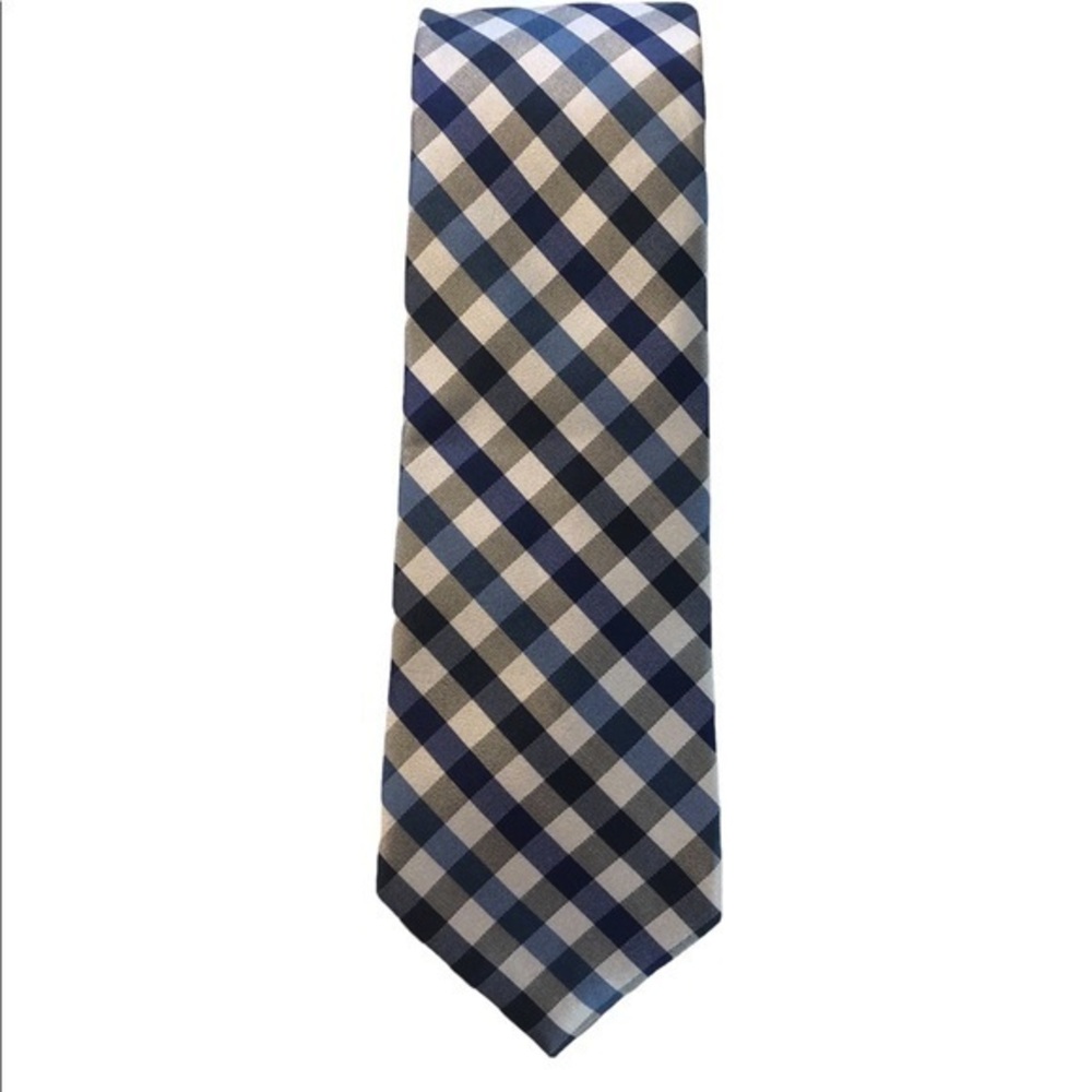 NWOT Jos. A. Bank Travelers Long blue white plaid 100% silk stain resistant tie